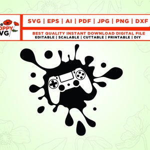 May include: A black and white silhouette of a video game controller with a black paint splatter behind it.  The image is on a light green background with white flowers.