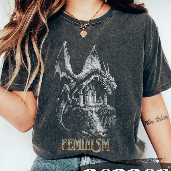 Feminism Dragon Fantasy Comfory TShirt, Death Metal Feminist T-Shirt, Feminist Retro Graphic Tee, Women Empowerment Vintage Dragon Shirt