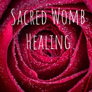 May include: Close-up of a deep red rose with water droplets. The text "Sacred Womb Healing" is written in white on the rose.