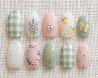 Hand Painted Floral Lemon Gingham Press On Nails, Cottagecore Spring Gel Set