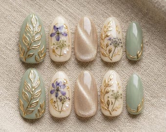 Handmade Sage Green Cat Eye Press On Nails, 3D Gold Leaf Fairycore Art