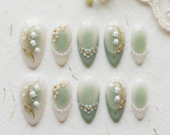 Elegant Bridal Lily of Valley Almond Press Ons, Cottagecore Sage Green Fake Nails Custom