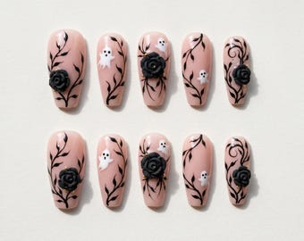 Künstliche Fingernägel | Halloween-Set mit schwarzer Rose und Geisterranke | Gothic-Blumen-Sargnägel
