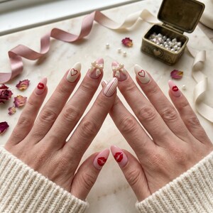 May include: A close-up of a manicure featuring almond-shaped nails. Some nails are painted with a white base and a red heart, others with a pink base and a red lip design. Two nails have a bow design. The nails are on a marble surface.