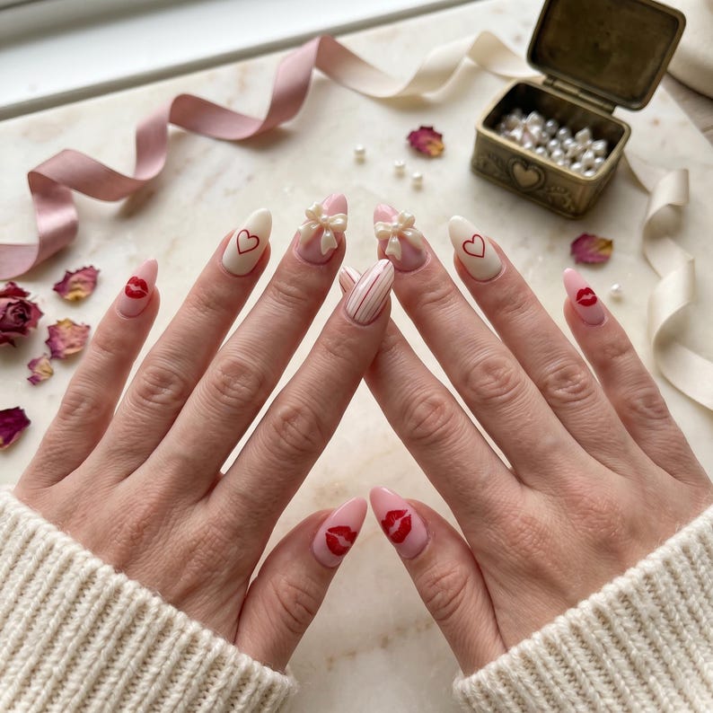 May include: A close-up of a manicure featuring almond-shaped nails. Some nails are painted with a white base and a red heart, others with a pink base and a red lip design. Two nails have a bow design. The nails are on a marble surface.