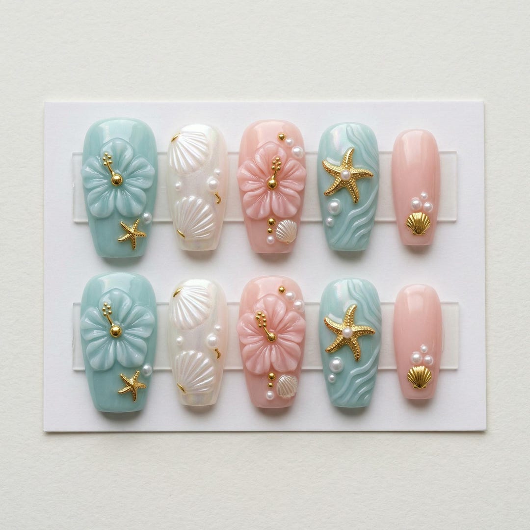 Pastel Floral Starfish Seashell Coffin Press on Nails, Mermaidcore Fake ...