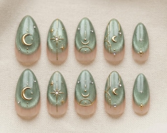 Hand-Painted Sage Green Celestial Press On Nails, Gold Moon Star Mystic Art