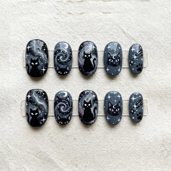 Hand-Painted Black Cat Galaxy Nails | Short Oval Witchy Gel Set