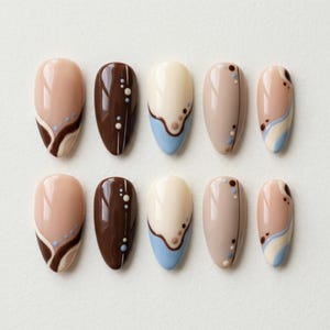 Retro 70s Press On Nails, Coffee Brown Minimalist Fake Nails, Abstract Wave Dot Boho Earthy Custom Almond Glue On Set