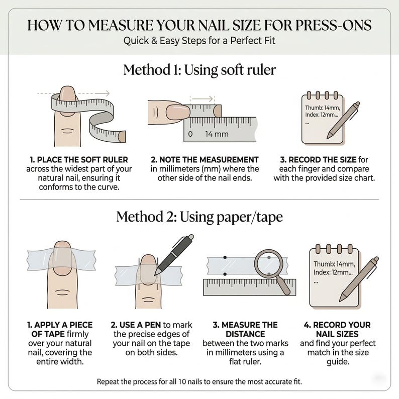 May include: Diagram illustrating how to measure nail size for press-on nails. Method 1 uses a soft ruler, and Method 2 uses tape. Instructions include placing the ruler or tape, measuring in millimeters, and recording the size. Text includes "Thumb: 14mm, Index: 12mm."
