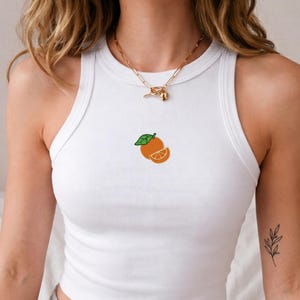 Embroidered Orange Racer Tank, Cozy Fruits Summer Baby Crops, Embroidery Girls Trip Top, Tangerine Lovers Shirt