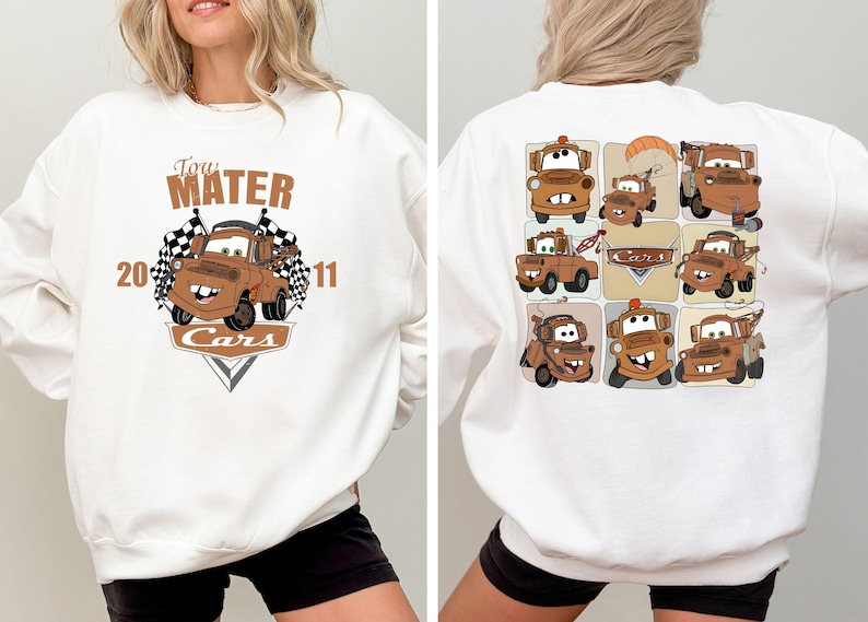 A white sweatshirt with a graphic design featuring cartoon cars from the movie Cars.
