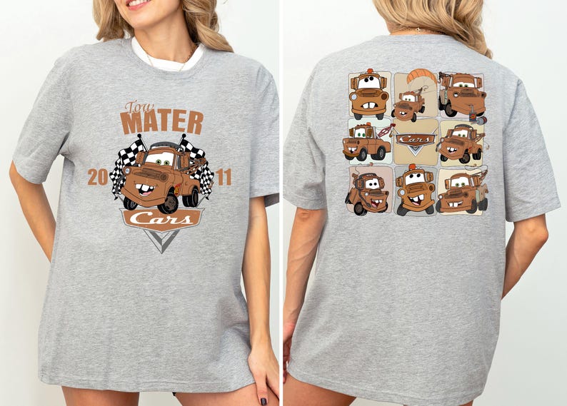 A gray t-shirt with a graphic design featuring multiple cartoon cars from the Cars movie franchise.