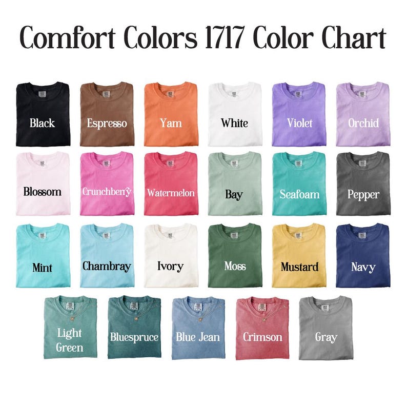 a color chart with various colored t-shirts laid out, each with a different color name written on it.