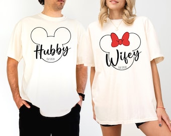 Mouse Ears Hubby and Wifey Tees, Magical Couple Vacation Shirts, Custom Honeymoon Couple T-shirt, Fairy Tale Husband and Wife Outfits