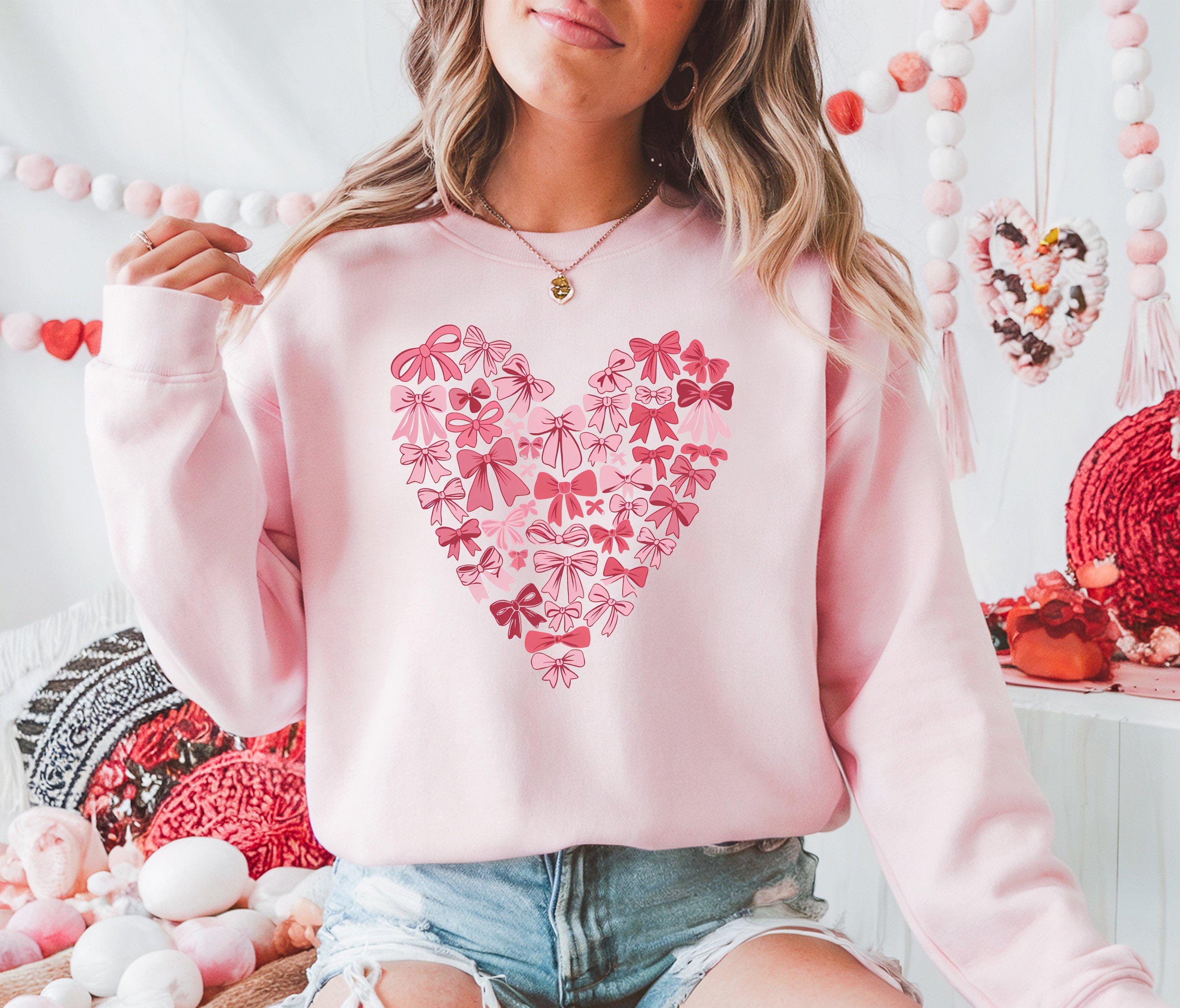Coquette Bow Valentine&#39;s Day Shirt, Pink Bow Heart Valentine Sweatshirt, Pink Bow Valentines Day Shirt, Retro Valentine Day Bow Shirt,