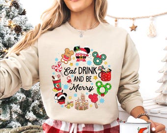 Camiseta navideña de Disney Snacks, camiseta "Come, bebe y sé feliz" de Navidad, camiseta de viaje navideño a Disneyland WDW, regalo de vacaciones familiares navideñas en Disneyland