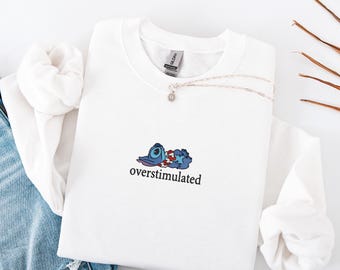 Embroidered Overstimulated Blue Alien Sweatshirt, Funny Blue Alien Sweatshirt, Magical Kingdom Anxiety Sweater Mental Health Sweater