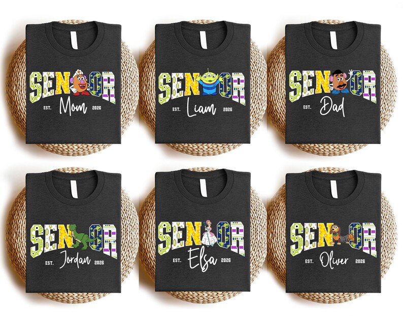 six black t-shirts with colorful text and characters, likely representing different individuals named Jordan, Elba, Oliver, and other names.