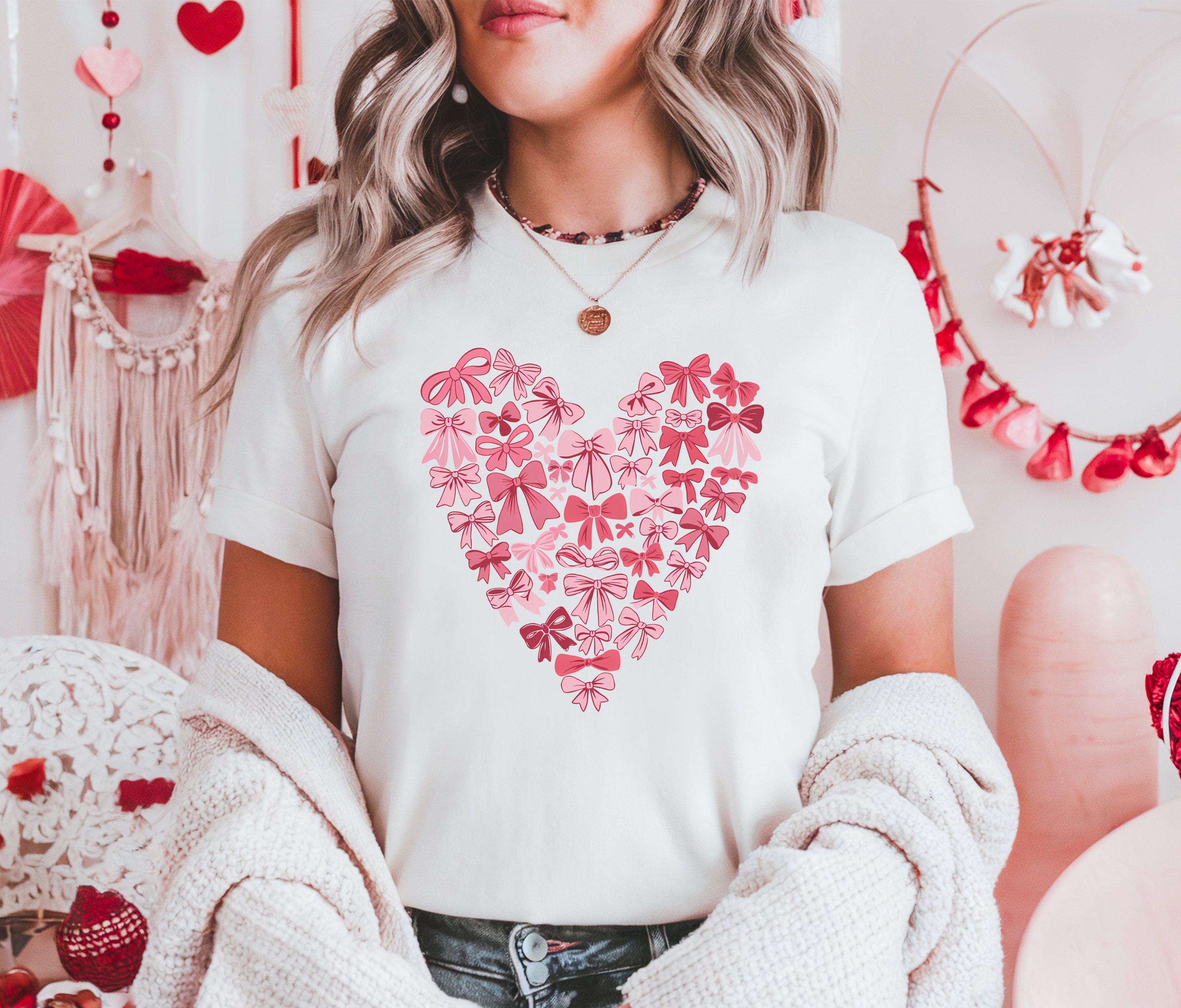 Coquette Bow Valentine&#39;s Day Shirt, Pink Bow Heart Valentine Sweatshirt, Pink Bow Valentines Day Shirt, Retro Valentine Day Bow Shirt,