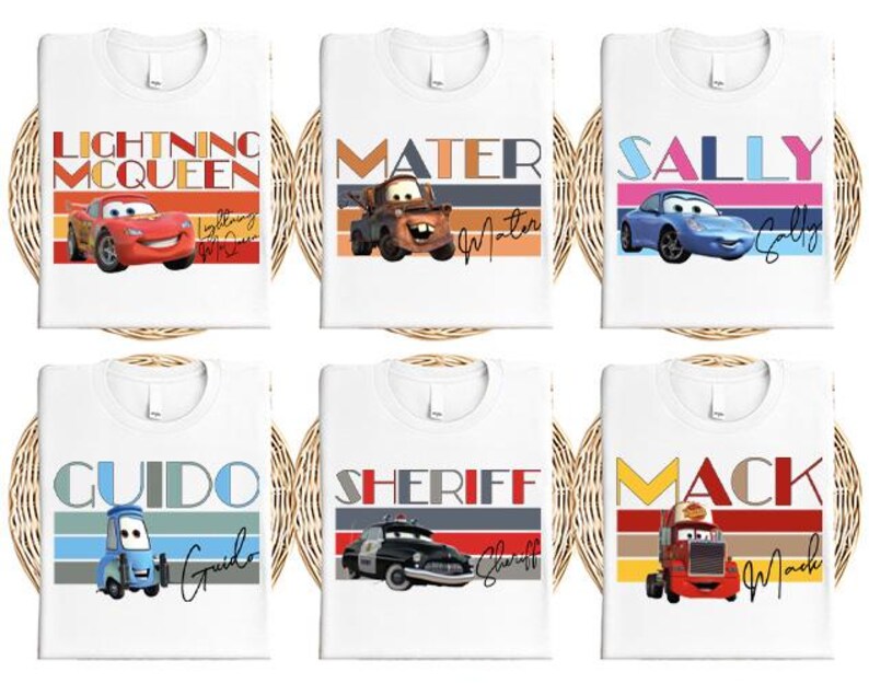 a set of six disney cars t - shirts