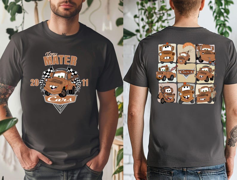 A man wearing a black t-shirt with a graphic design featuring multiple cartoon cars.