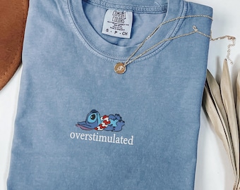 Embroidered Overstimulated Blue Alien Comfort Colors® Shirt, Funny Blue Alien Embroidered T-Shirt, Anxiety Tee, Mental Health Shirt
