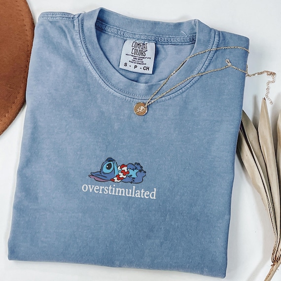 Embroidered Overstimulated Blue Alien Comfort Colors® Shirt, Funny Blue Alien Embroidered T-Shirt, Anxiety Tee, Mental Health Shirt