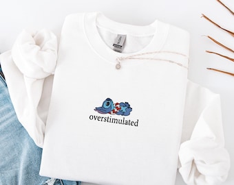 Embroidered Overstimulated Blue Alien Sweatshirt, Funny Blue Alien Sweatshirt, Magical Kingdom Anxiety Sweater Mental Health Sweater