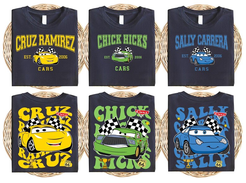 a set of four shirts with cars on them