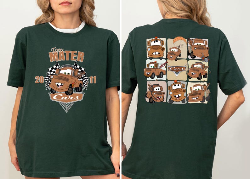 A green t-shirt with a graphic design featuring multiple cartoon cars, including the character Tom Mater.