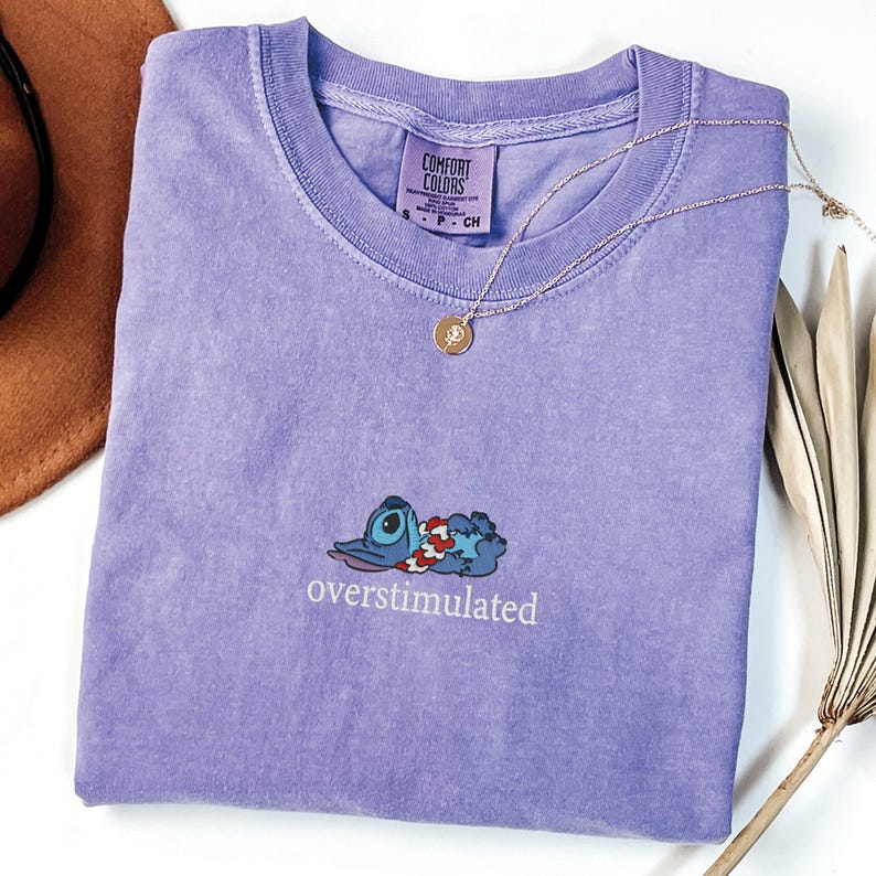 Embroidered Overstimulated Stitch Comfort Colors® Shirt, Funny Magical Kingdom Embroidered T-Shirt, Anxiety Tee, Mental Health Shirt