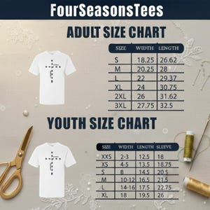 The image is a chart that provides size and length information for adult and youth t-shirts. It includes two images of t-shirts, one for each size category, along with a pair of scissors and a spool of thread, suggesting that the chart is related to clothing sizes and measurements.