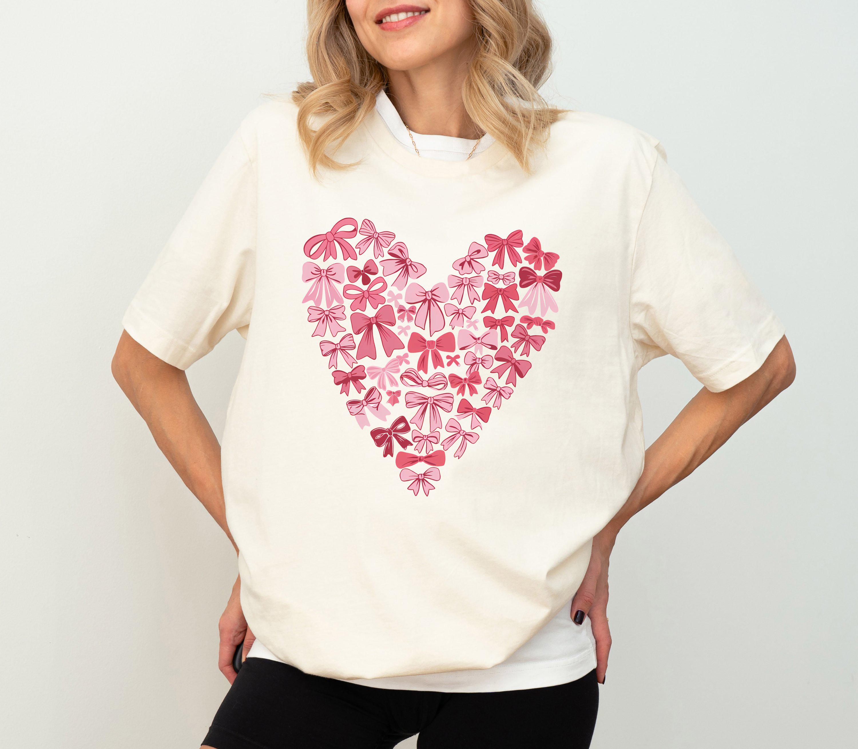 Coquette Bow Valentine&#39;s Day Shirt, Pink Bow Heart Valentine Sweatshirt, Pink Bow Valentines Day Shirt, Retro Valentine Day Bow Shirt,