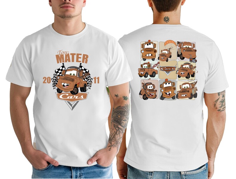 A white t-shirt with a graphic design featuring cartoon cars from the Cars movie franchise.