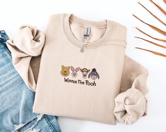 Geborduurd Winnie de Poeh-sweatshirt, ronde hals geborduurde beer Pooh Bear, hoodie Magical Kingdom Trip