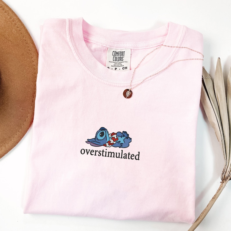 Embroidered Overstimulated Stitch Comfort Colors® Shirt, Funny Magical Kingdom Embroidered T-Shirt, Anxiety Tee, Mental Health Shirt