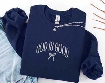 Geborduurd GOD IS GOOD-sweater, Coquette Christian-sweater met ronde hals, Girly Christian-sweater, Faith-sweater geborduurde ronde hals