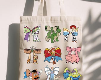 Coquette Bow Toy Story Tote Bag, Woody Buzz Jessie Slinky Dog Alien Canvas Bag, Vacation Tote Bag, Tote Bag
