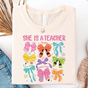 She Is a Teacher Shirt, Christian Teacher Shirt, Coquette Bow Teacher Shirt, Bible Verse Teacher Shirt, Back to School Teacher Shirt