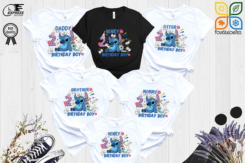 May include: Set of six white and black t-shirts with a blue Stitch character from Disney's Lilo & Stitch. The shirts feature the text "Daddy of the Birthday Boy", "Sister of the Birthday Boy", "Mommy of the Birthday Boy", "Brother of the Birthday Boy", and "Henry of the Birthday Boy".