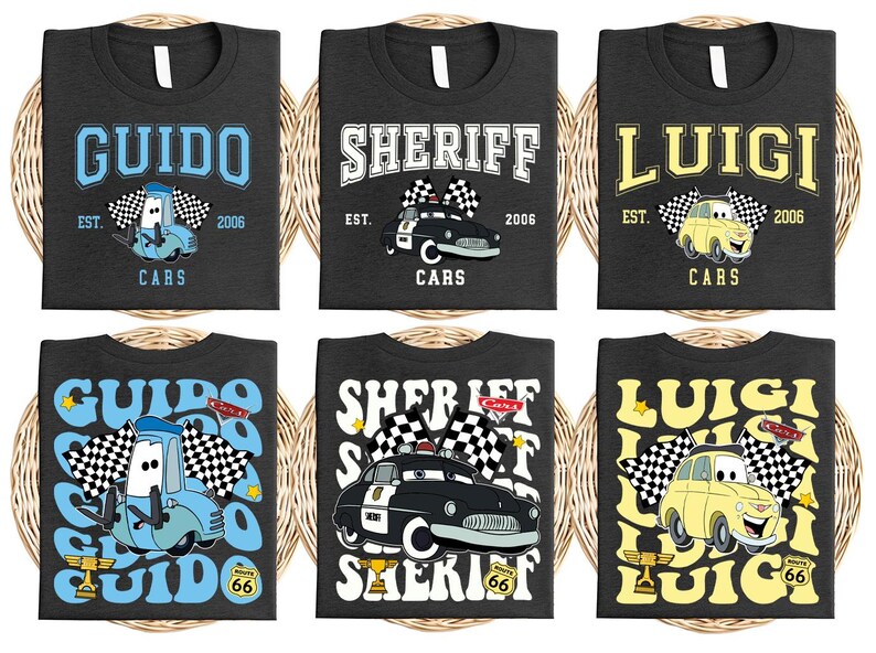 a group of four t - shirts with cars on them
