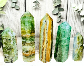 Kiwi Calcite Crystal Towers: Natural Green Pistachio Calcite Obelisk