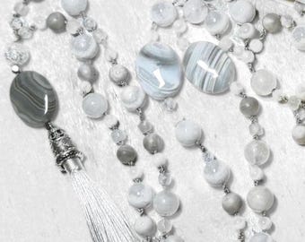 Wunderschöne weiße Quarz Kristall Mala, Perlen Kristall Mala, LOVE Mala, Heilende Mala Perlen, Meditation Mala, Weiße Spitze Achat & Weiße Jade Mala