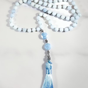 Celestite & Aquamarine Crystal Mala, Blue Traditional 108 Bead Mala, Double Knotted Blue Silk with Silk Tassle, Faceted Aquamarine Guru Bead