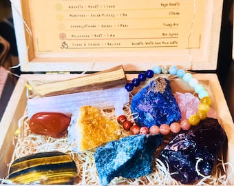 Crystal Healing and Cleansing Kit with Affirmations, 11 Piece Chakra Set, Natural Rough Crystals, Palo Santo, Selenite, Chakra Bracelet
