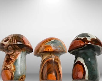 Hand Carved Polychrome Jasper Mushroom Statues: Natural Crystal Pokished Figurine Decor