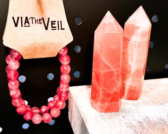 Crystal Gift Set - Strawberry Calcite Tower & Watermelon Tourmaline Bracelet Set -  Crystal Kit - Mothers Day Gift - Premium Natural Crystal