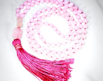 Rose Quartz 108 Bead Mala with Pink Tourmaline, Silk Tassel