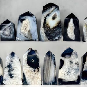 Può includere: Una collezione di 12 punte di cristallo di agata in bianco e nero. Le punte sono disposte in due file di sei. I cristalli sono tutti di forme e dimensioni diverse, ma hanno tutti uno schema di colore bianco e nero simile.